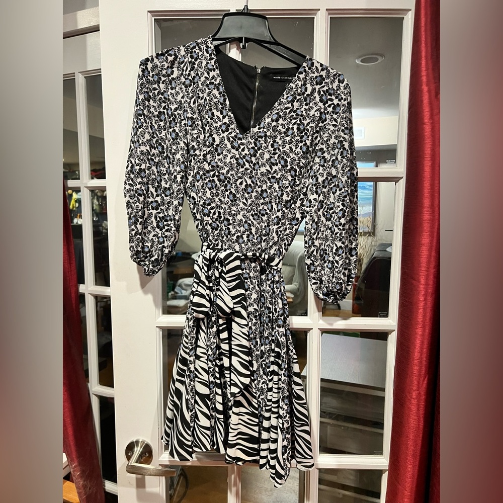White House Black Market Black and White Patterned Long Sleeve Dress